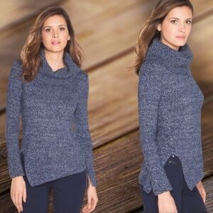 WHITE HOUSE BLACK MARKET Metallic Blue Asymmetric Marled Cowl Sweater // Large
